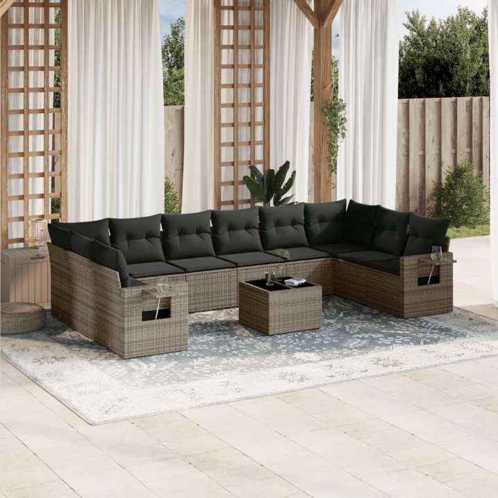 vidaXL 10-tlg. Garten-Sofagarnitur mit Kissen Schwarz Poly Rattan