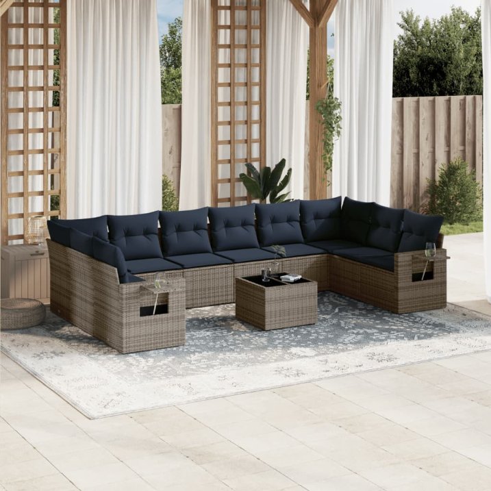 vidaXL 10-teiliges Gartensofa-Set mit Kissen, schwarzes Polyrattan