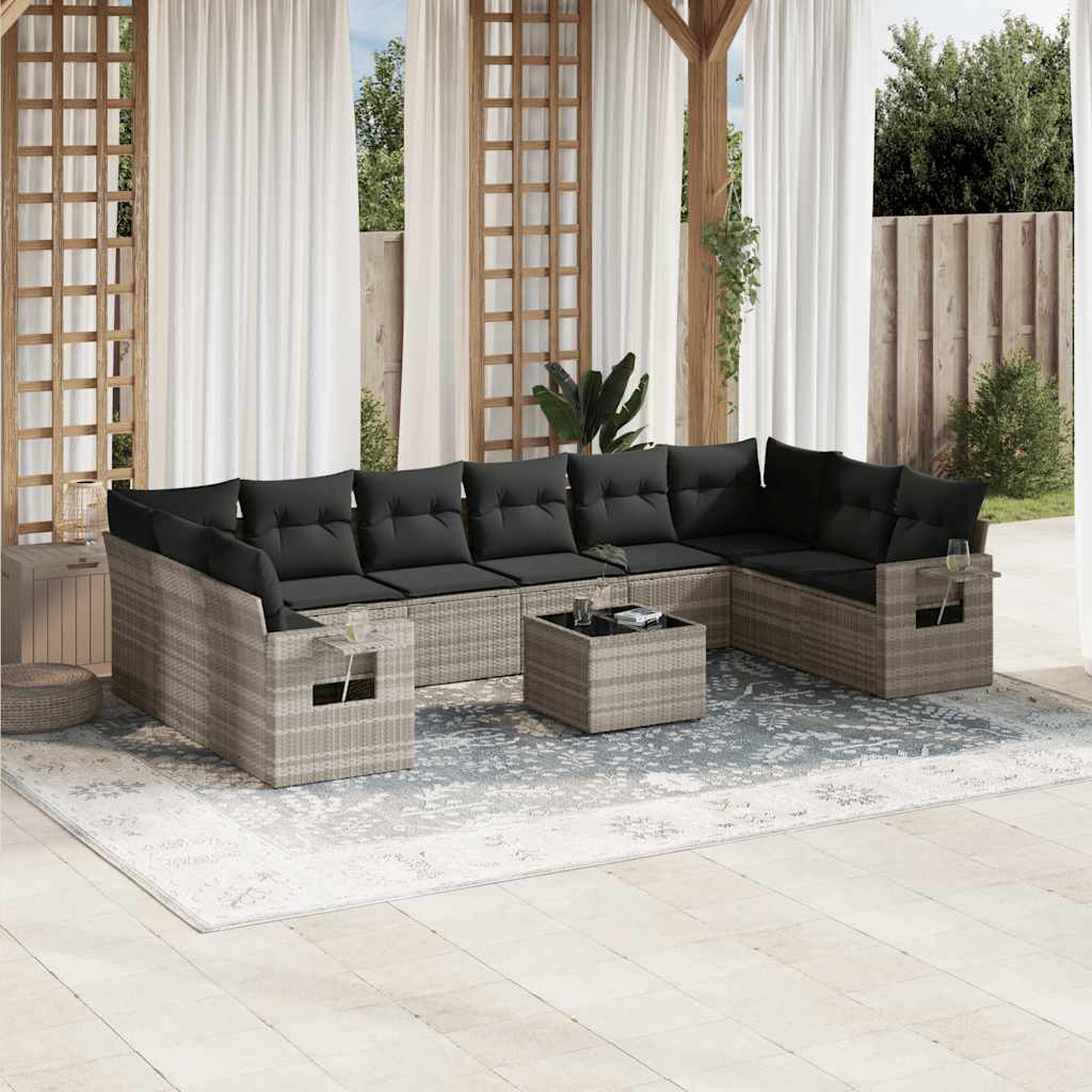 vidaXL 10-tlg. Garten-Sofagarnitur mit Kissen Schwarz Poly Rattan