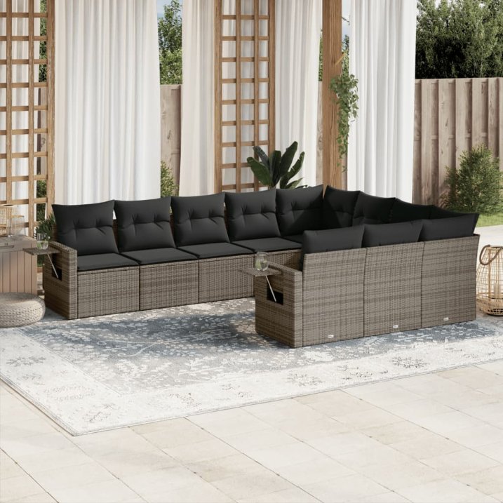 vidaXL 10-tlg. Garten-Sofagarnitur mit Kissen Schwarz Poly Rattan