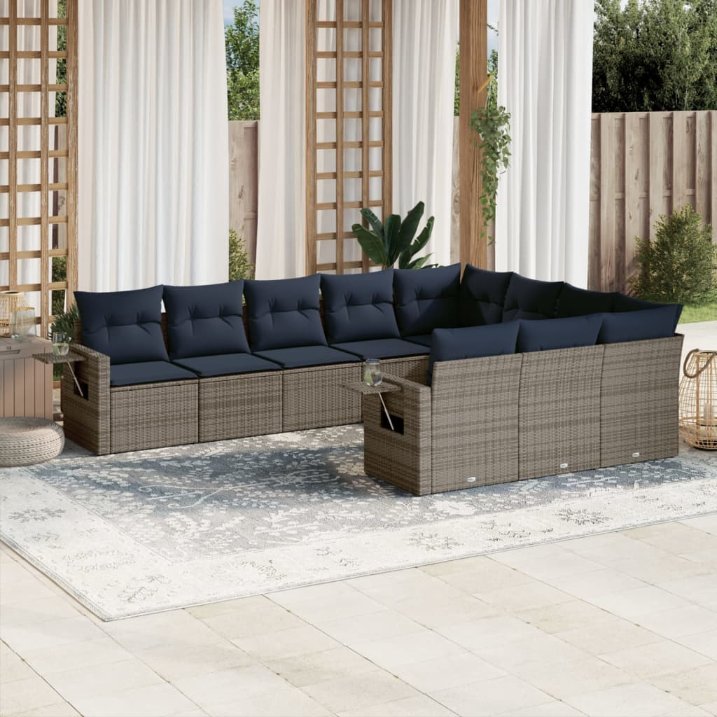 vidaXL 10-teiliges Gartensofa-Set mit Kissen, schwarzes Polyrattan