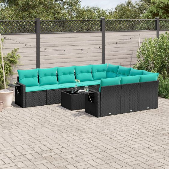 vidaXL 10-teiliges Gartensofa-Set mit Kissen, schwarzes Polyrattan