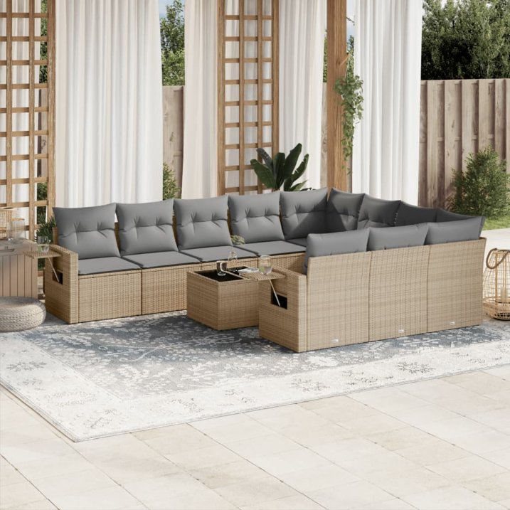 vidaXL 10-tlg. Garten-Sofagarnitur mit Kissen Schwarz Poly Rattan