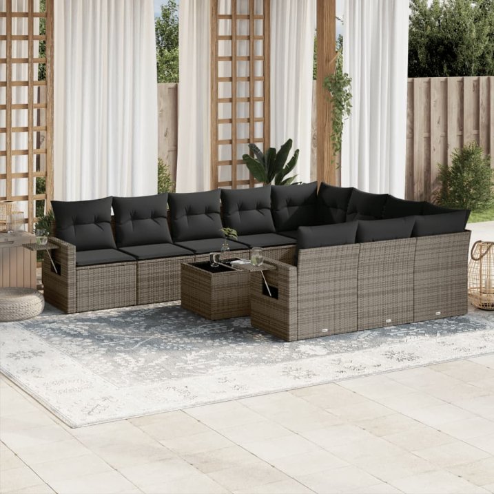 vidaXL 10-tlg. Garten-Sofagarnitur mit Kissen Schwarz Poly Rattan