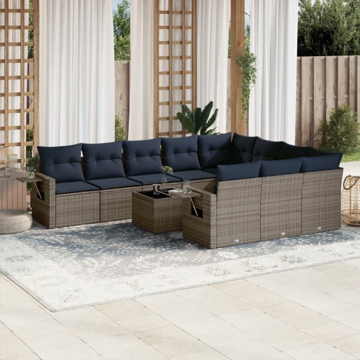 vidaXL 10-teiliges Gartensofa-Set mit Kissen, schwarzes Polyrattan