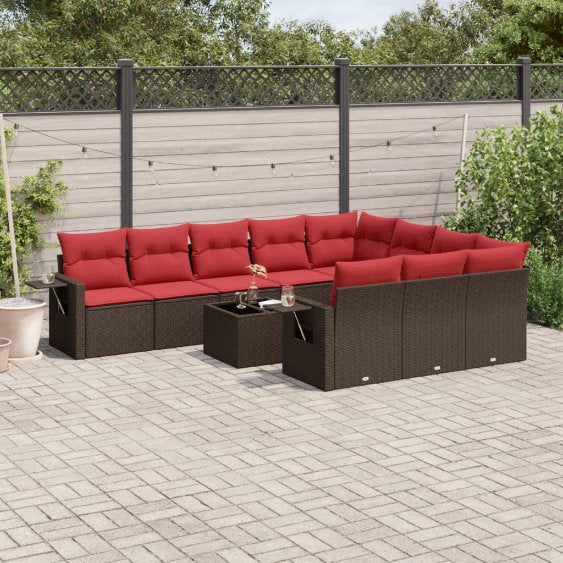 vidaXL 10-teiliges Gartensofa-Set mit Kissen, schwarzes Polyrattan