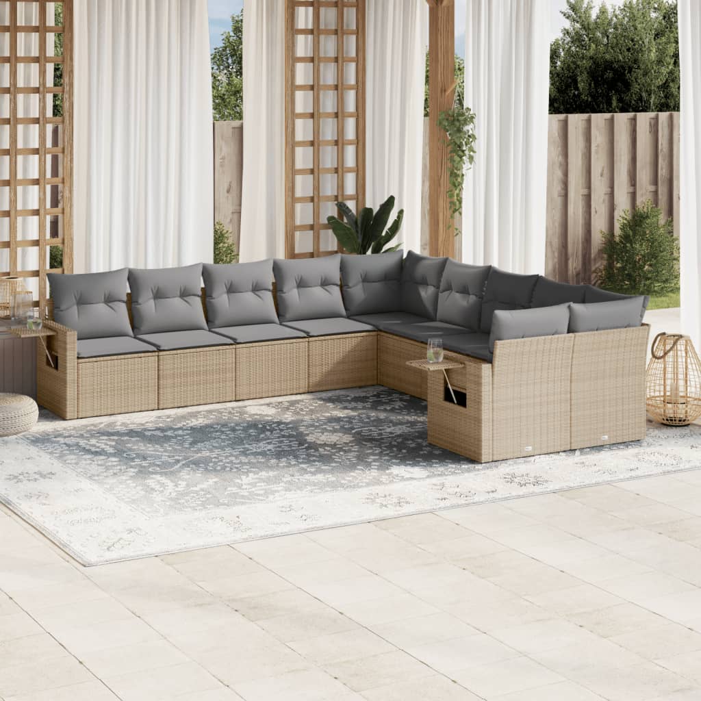 vidaXL 10-tlg. Garten-Sofagarnitur mit Kissen Schwarz Poly Rattan