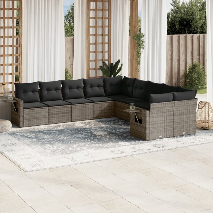 vidaXL 10-tlg. Garten-Sofagarnitur mit Kissen Schwarz Poly Rattan
