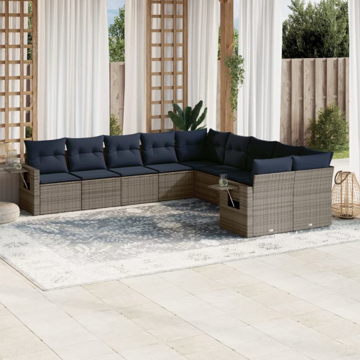 vidaXL 10-teiliges Gartensofa-Set mit Kissen, schwarzes Polyrattan