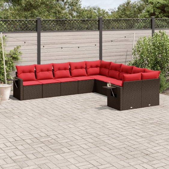 vidaXL 10-teiliges Gartensofa-Set mit Kissen, schwarzes Polyrattan