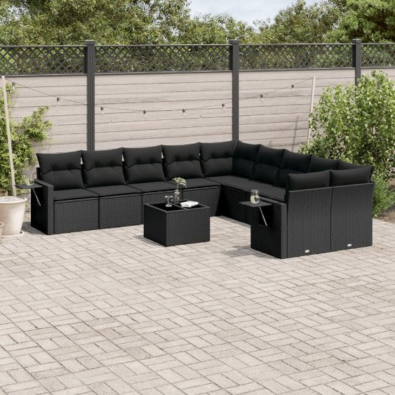 vidaXL 10-tlg. Garten-Sofagarnitur mit Kissen Schwarz Poly Rattan