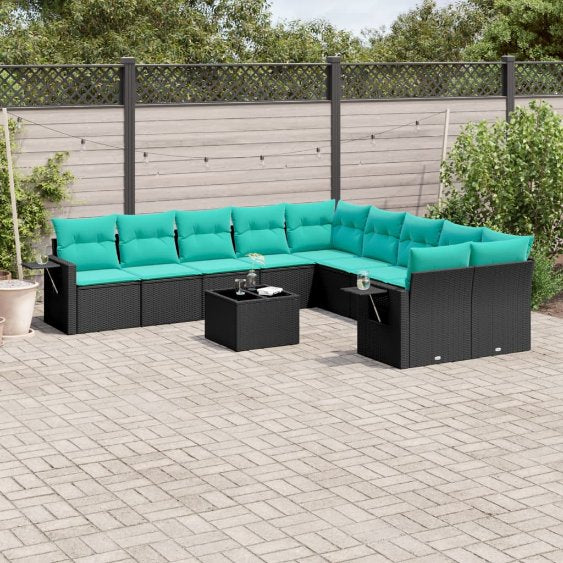 vidaXL 10-teiliges Gartensofa-Set mit Kissen, schwarzes Polyrattan