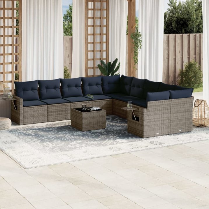 vidaXL 10-teiliges Gartensofa-Set mit Kissen, schwarzes Polyrattan