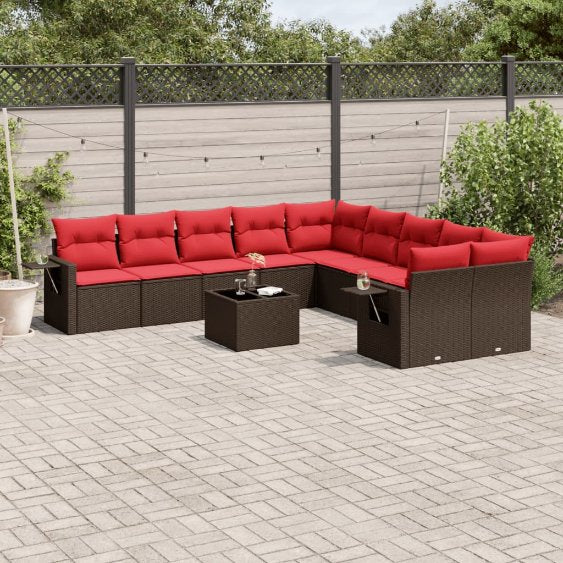 vidaXL 10-teiliges Gartensofa-Set mit Kissen, schwarzes Polyrattan
