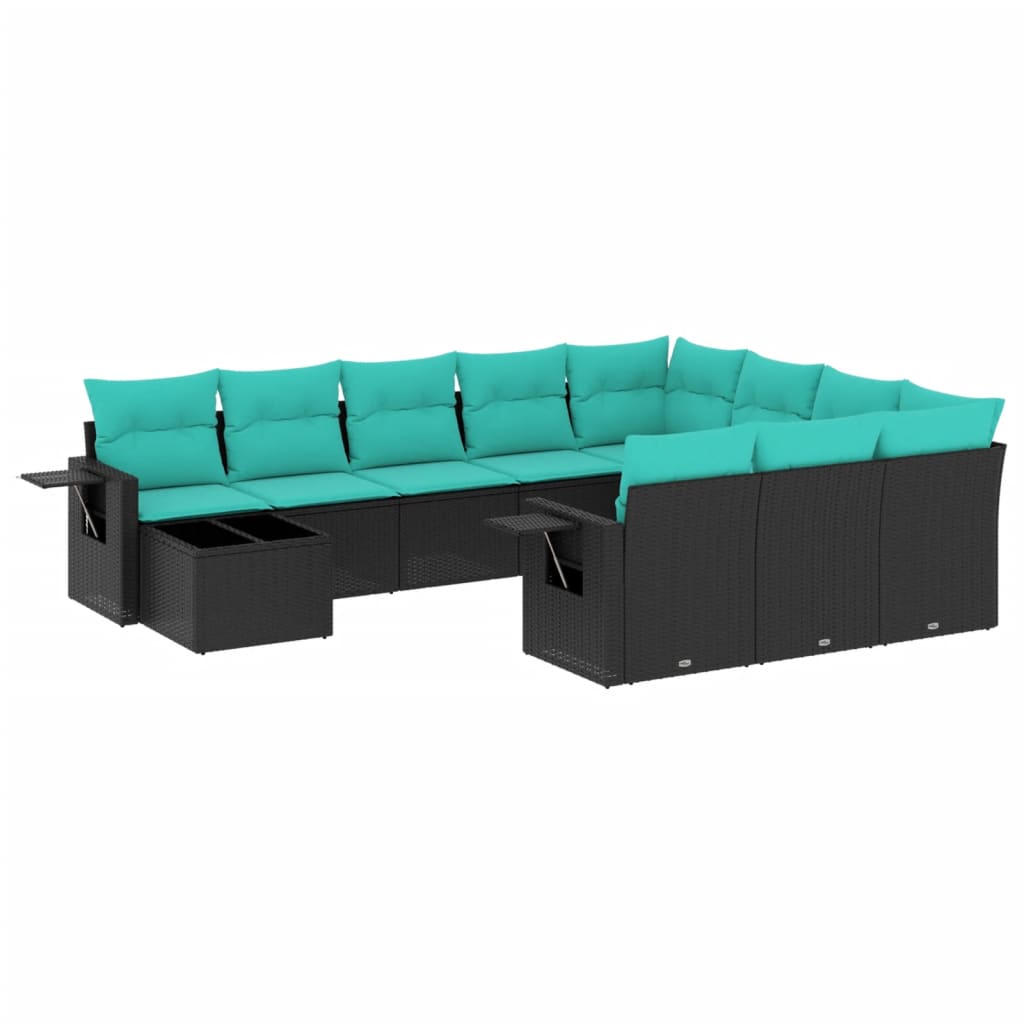 vidaXL 11-teiliges Gartensofa-Set mit Kissen, schwarzes Polyrattan