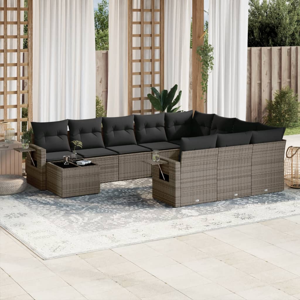 vidaXL 11-tlg. Garten-Sofagarnitur mit Kissen Schwarz Poly Rattan