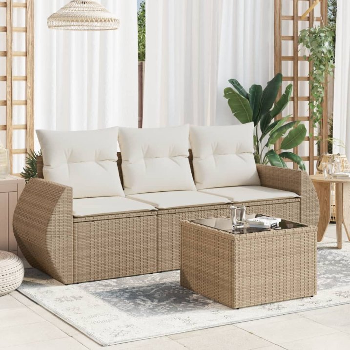 3-tlg. Garten-Sofagarnitur mit Kissen Schwarz Poly Rattan