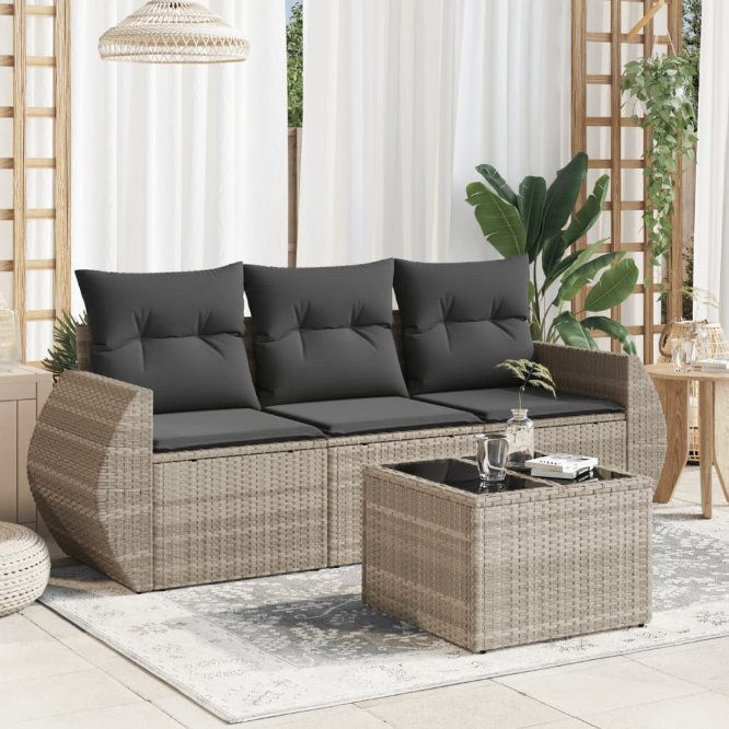 3-tlg. Garten-Sofagarnitur mit Kissen Schwarz Poly Rattan