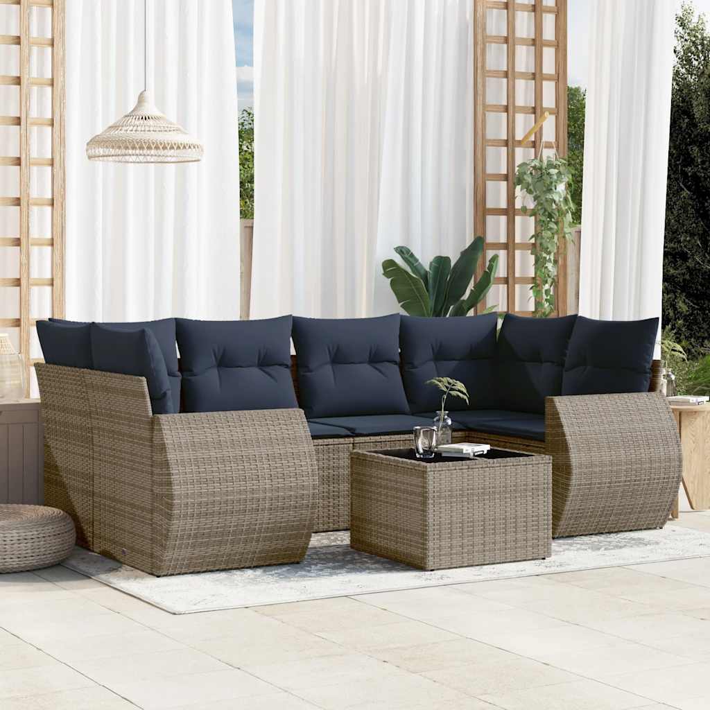 7-teiliges Gartensofa-Set mit Kissen, schwarzes Polyrattan