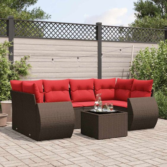 7-teiliges Gartensofa-Set mit Kissen, schwarzes Polyrattan