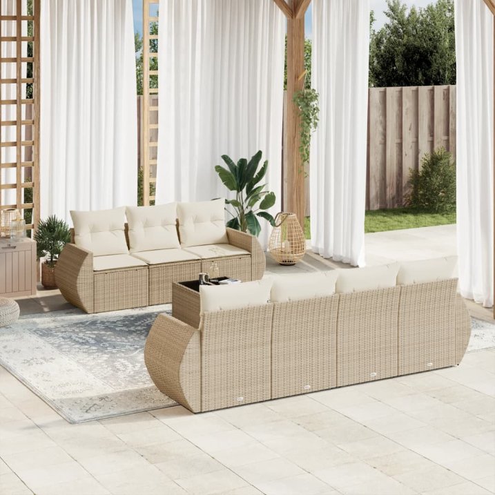8-tlg. Garten-Sofagarnitur mit Kissen Schwarz Poly Rattan