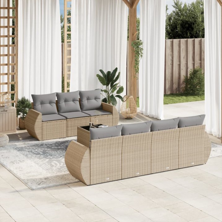 8-tlg. Garten-Sofagarnitur mit Kissen Schwarz Poly Rattan