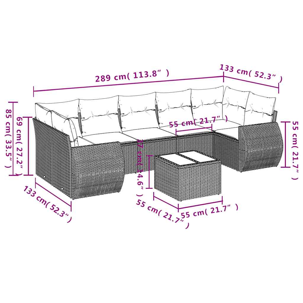 8-teiliges Gartensofa-Set mit Kissen, schwarzes Polyrattan