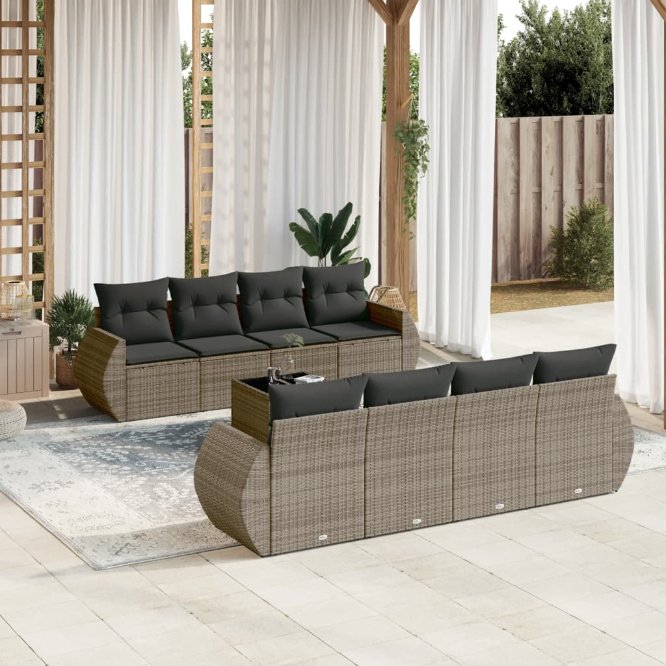 9-tlg. Garten-Sofagarnitur mit Kissen Schwarz Poly Rattan