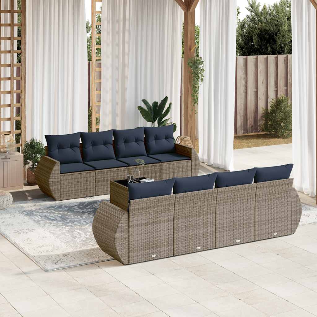 9-teiliges Gartensofa-Set mit Kissen, schwarzes Polyrattan