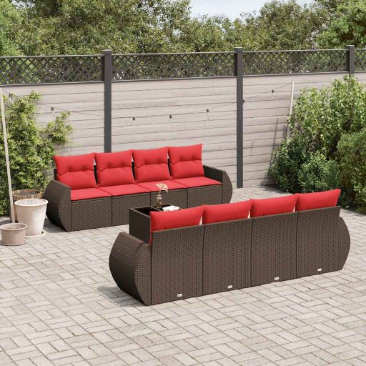 9-teiliges Gartensofa-Set mit Kissen, schwarzes Polyrattan