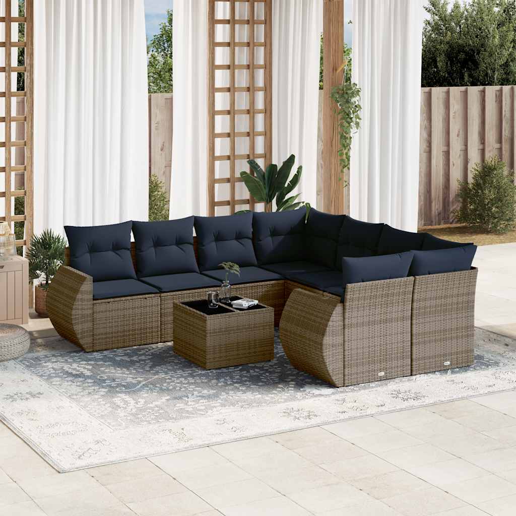 9-teiliges Gartensofa-Set mit Kissen, schwarzes Polyrattan