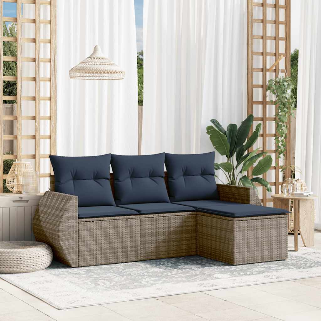 4-teiliges Gartensofa-Set mit Kissen, schwarzes Polyrattan