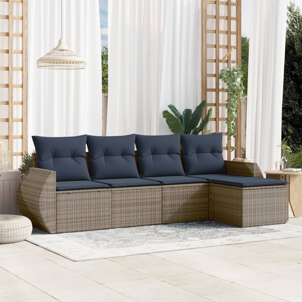 5-teiliges Gartensofa-Set mit Kissen, schwarzes Polyrattan