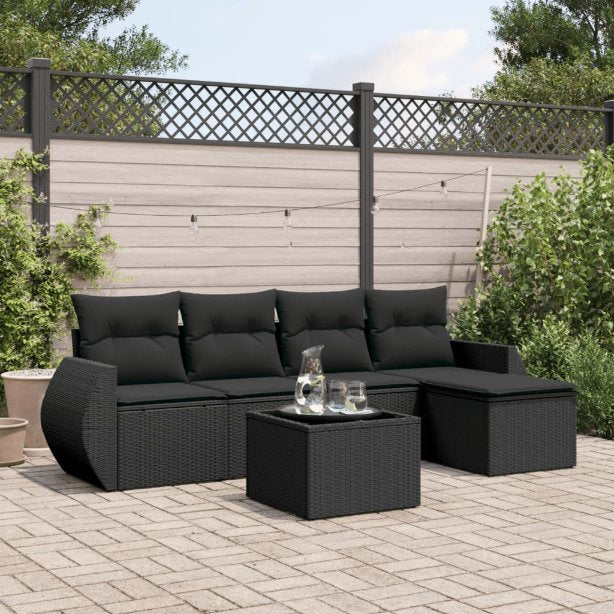 5-tlg. Garten-Sofagarnitur mit Kissen Schwarz Poly Rattan
