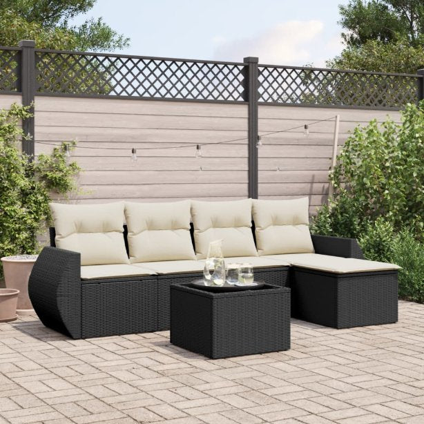 5-tlg. Garten-Sofagarnitur mit Kissen Schwarz Poly Rattan