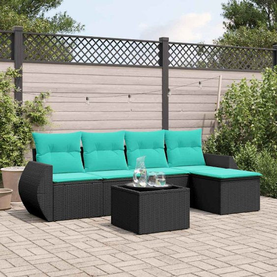 5-teiliges Gartensofa-Set mit Kissen, schwarzes Polyrattan