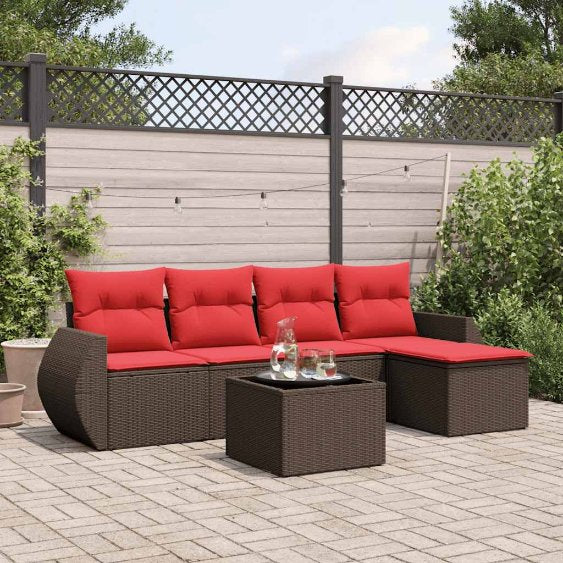5-teiliges Gartensofa-Set mit Kissen, schwarzes Polyrattan
