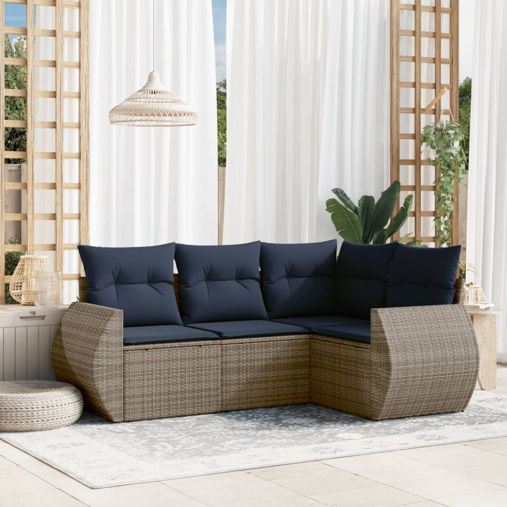 4-teiliges Gartensofa-Set mit Kissen, schwarzes Polyrattan