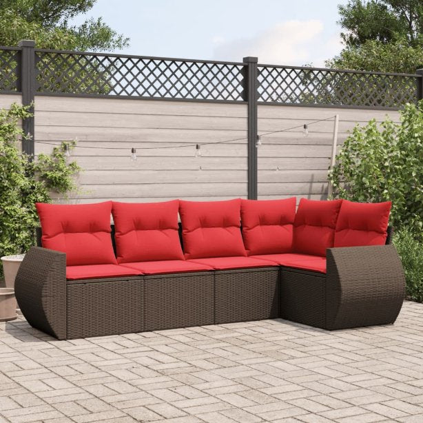 5-teiliges Gartensofa-Set mit Kissen, schwarzes Polyrattan