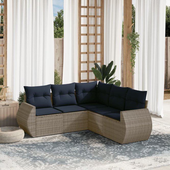 5-teiliges Gartensofa-Set mit Kissen, schwarzes Polyrattan