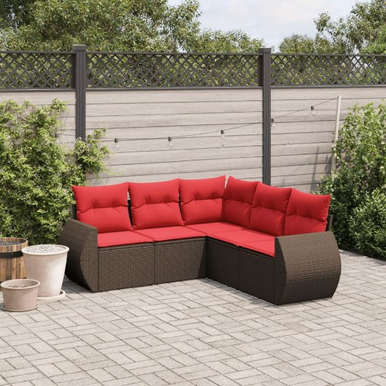 5-teiliges Gartensofa-Set mit Kissen, schwarzes Polyrattan