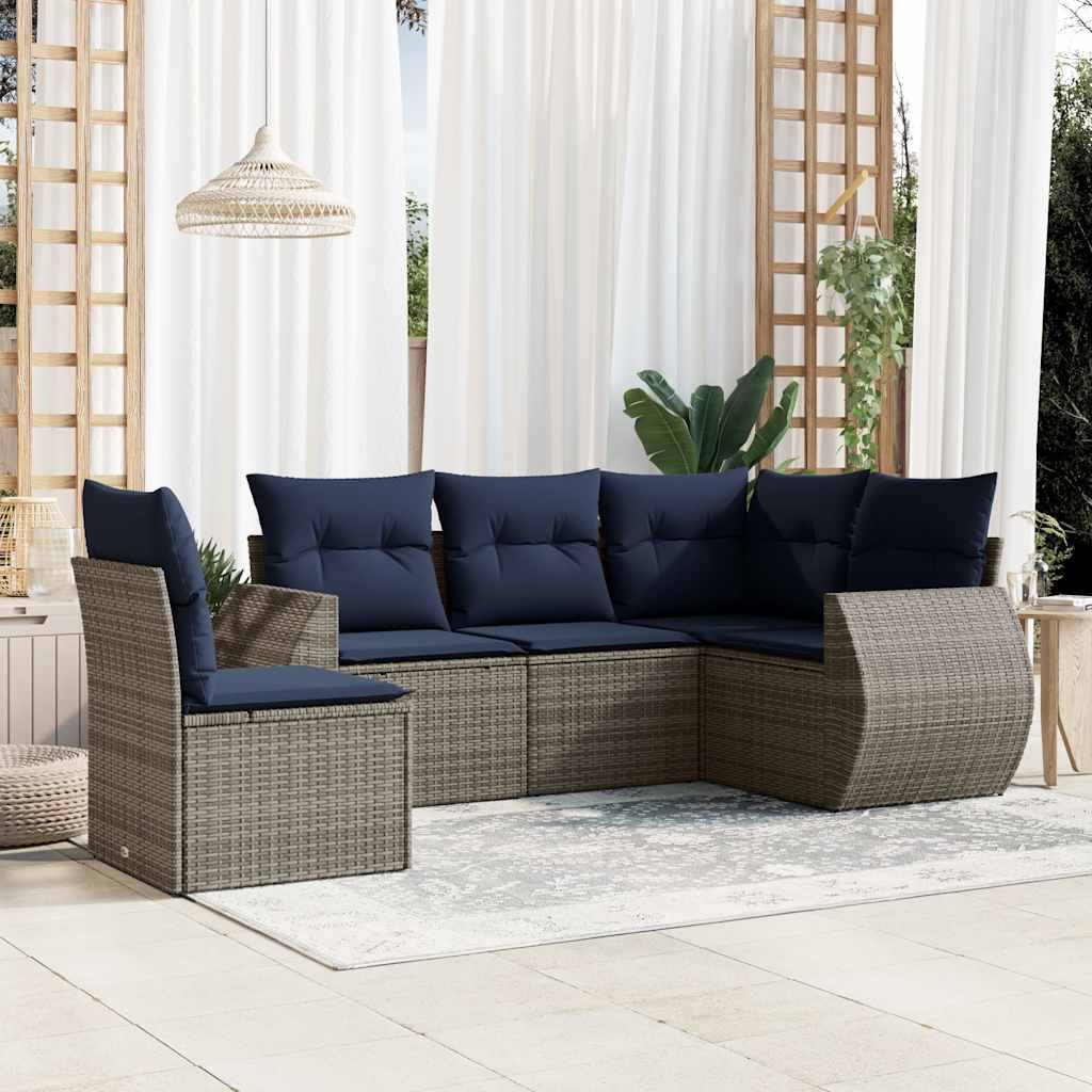 5-teiliges Gartensofa-Set mit Kissen, schwarzes Polyrattan