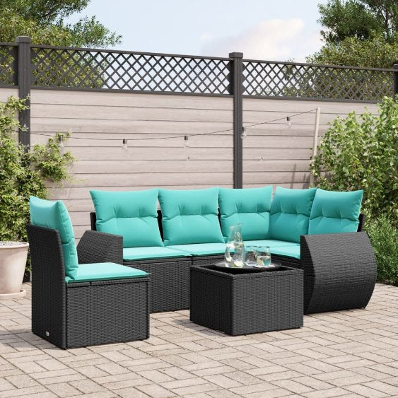 5-teiliges Gartensofa-Set mit Kissen, schwarzes Polyrattan