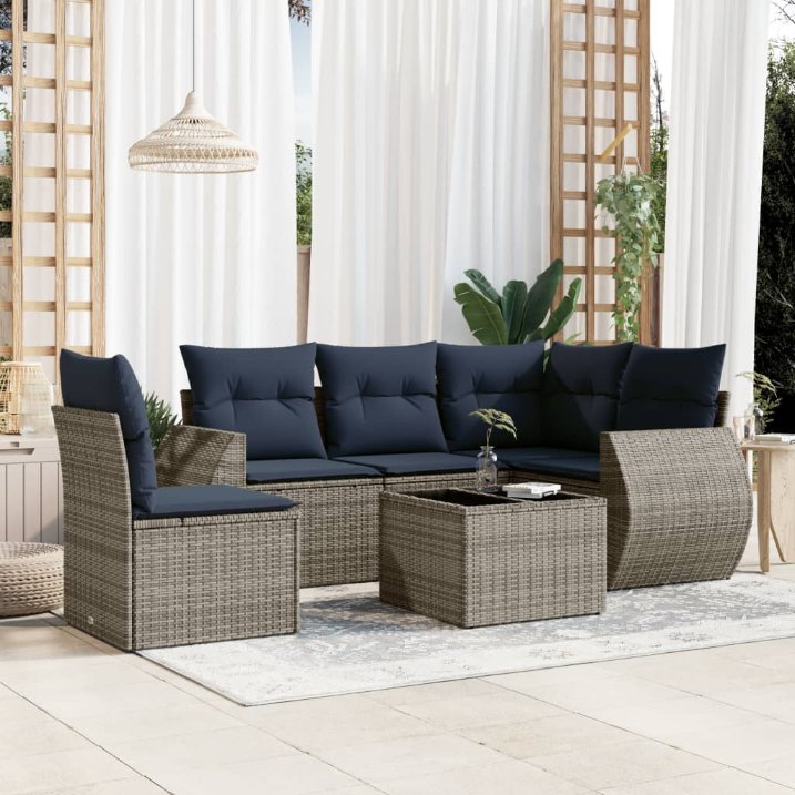 5-teiliges Gartensofa-Set mit Kissen, schwarzes Polyrattan