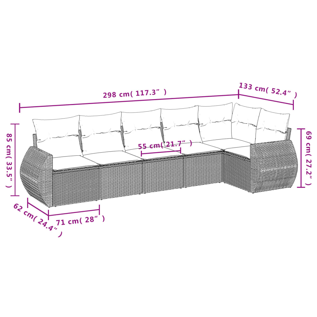 6-teiliges Gartensofa-Set mit Kissen, schwarzes Polyrattan