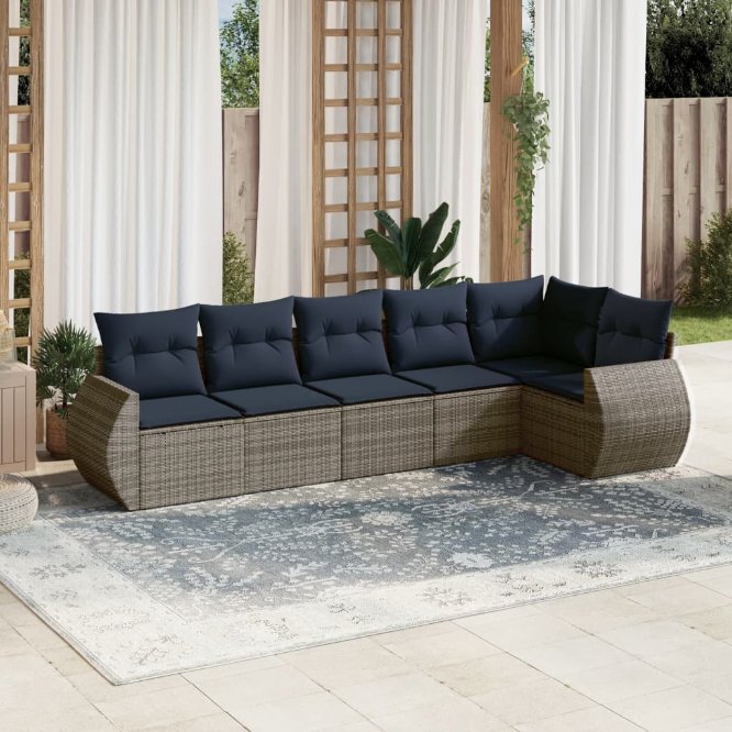 6-teiliges Gartensofa-Set mit Kissen, schwarzes Polyrattan