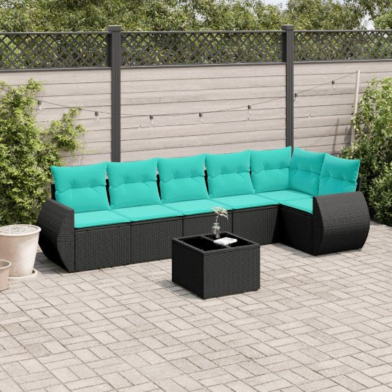 6-teiliges Gartensofa-Set mit Kissen, schwarzes Polyrattan