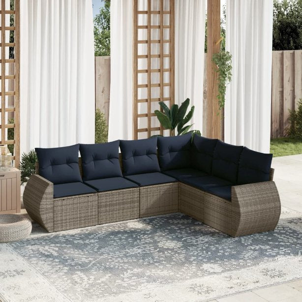 6-teiliges Gartensofa-Set mit Kissen, schwarzes Polyrattan