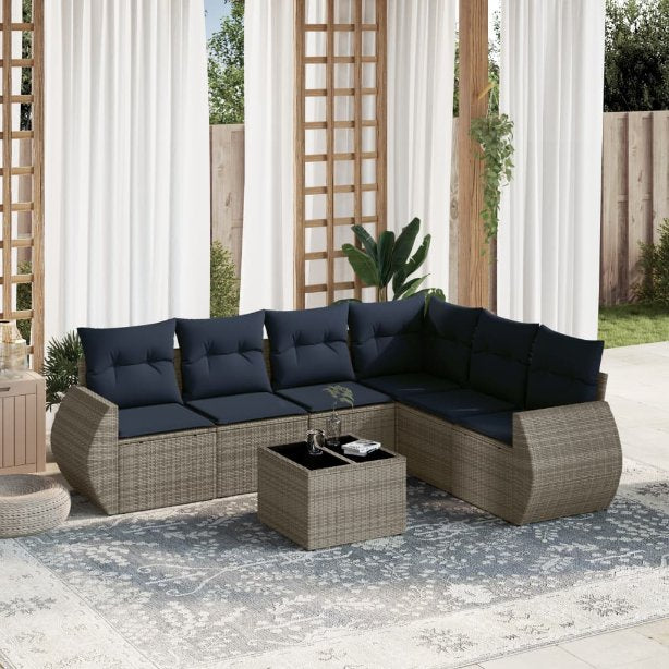 6-teiliges Gartensofa-Set mit Kissen, schwarzes Polyrattan
