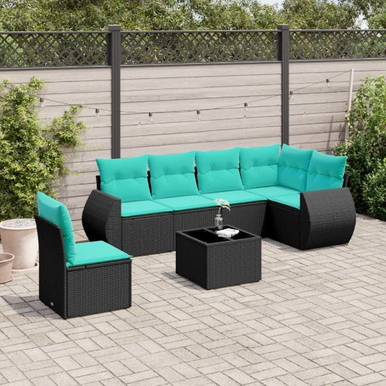 6-teiliges Gartensofa-Set mit Kissen, schwarzes Polyrattan